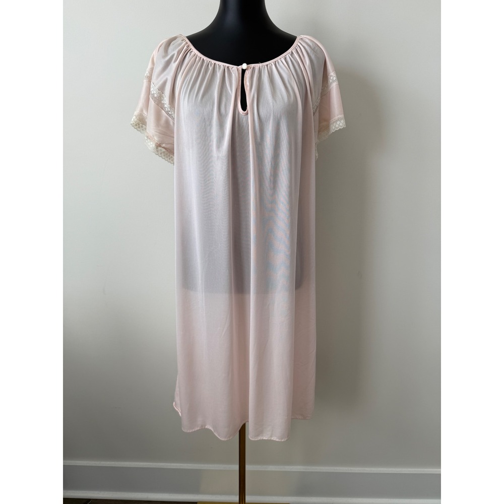 Vintage Glencraft Pink Nylon Nightgown Lace Trim ILGWU Union Made 1X Plus Size